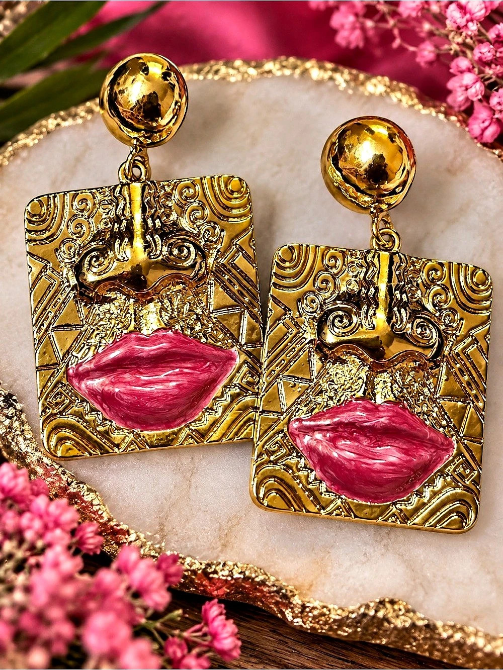 Gold & Pink Statement Lip Earrings New